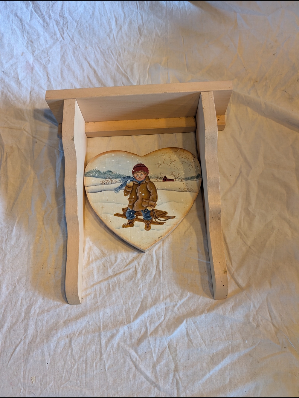 2/60$ Vintage White Heart Shelf with Snow Child Illustration - Vintage